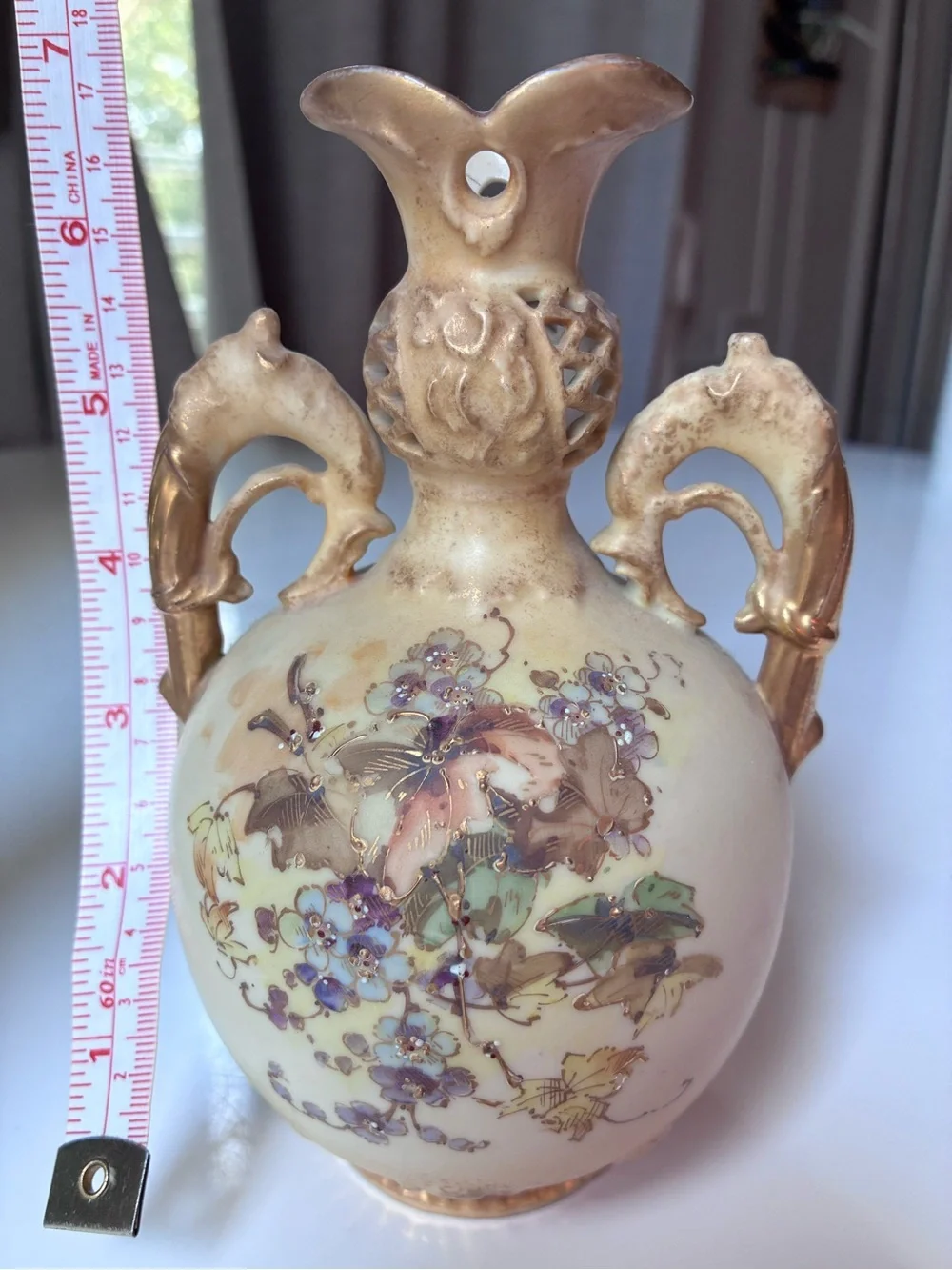 Turn Teplitz Bohemia Ornate Hand-painted Floral Double-Handled Vase